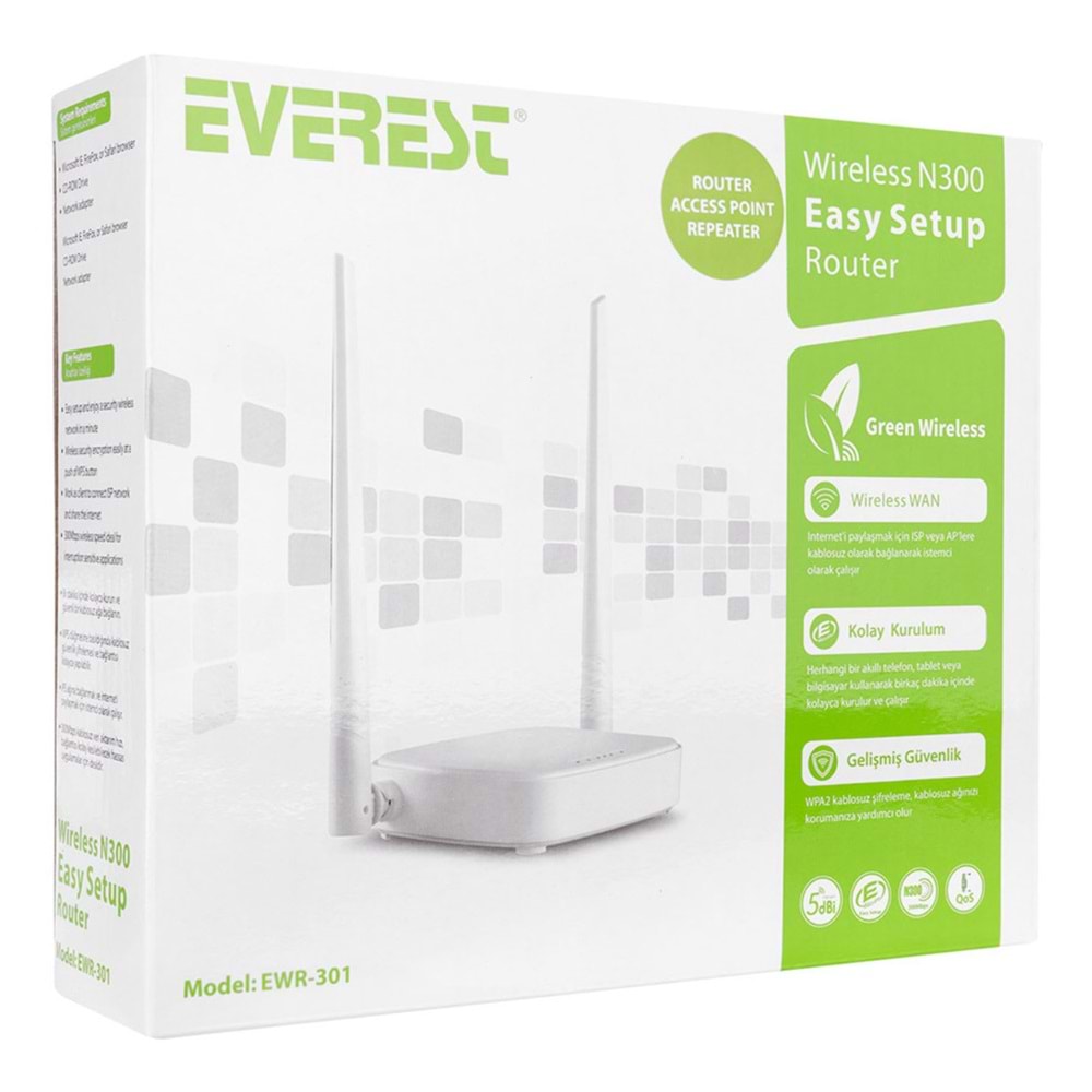 EVEREST EWR-301 Kablosuz-N WPS + WISP+WDS 300 Mbps Repeater+Access Point+Bridge