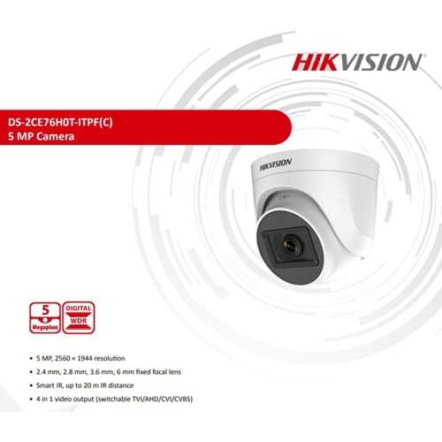 HIKVISION DS-2CE76H0T-ITPF 5MP 2.8mm20m Turret HDCVI Kamera